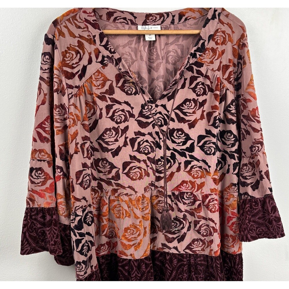 Style & Co 2X Velvet Print Swing Bell Sleeve Women Rose Pattern Ruffle Hem